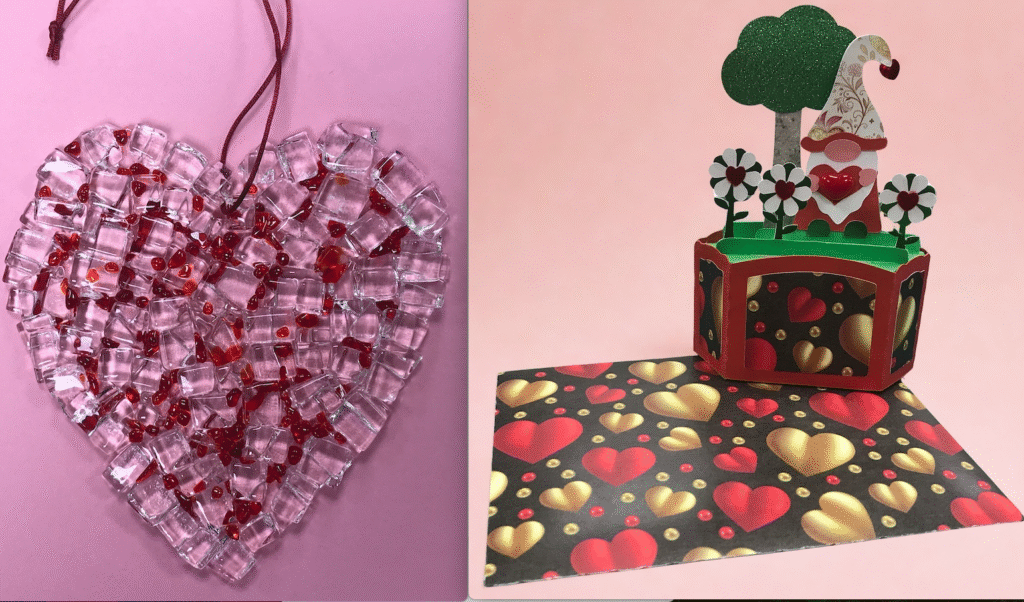 3-D valentine card and glass heart
